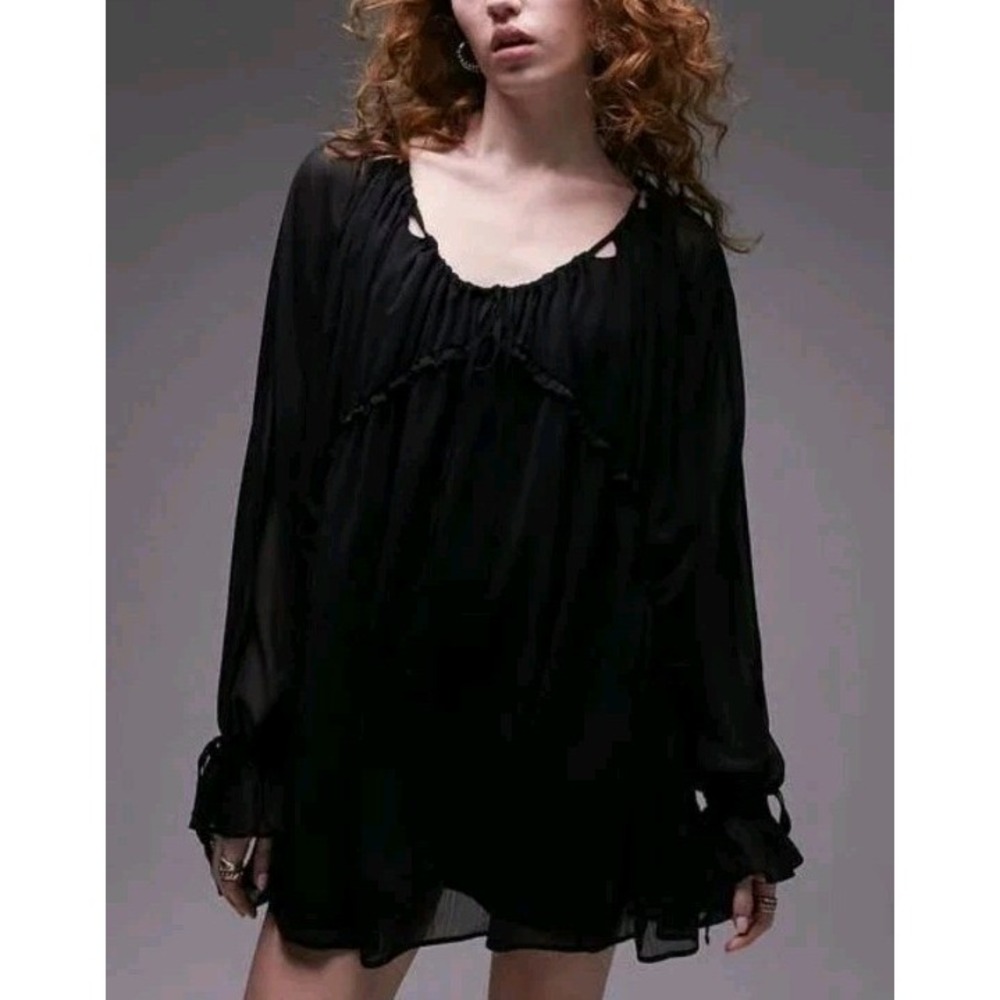 Topshop‎ NWOT Flowy Short Black Dress Sz 4 Whimsigoth Boho Sleek Concert Chic